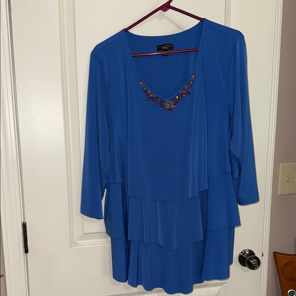 Susan Graver artisan Blue Layered Tunic with Embellished Neckline